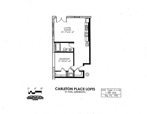 Floor plan for 1 bed, 1 bath, 793 sqft